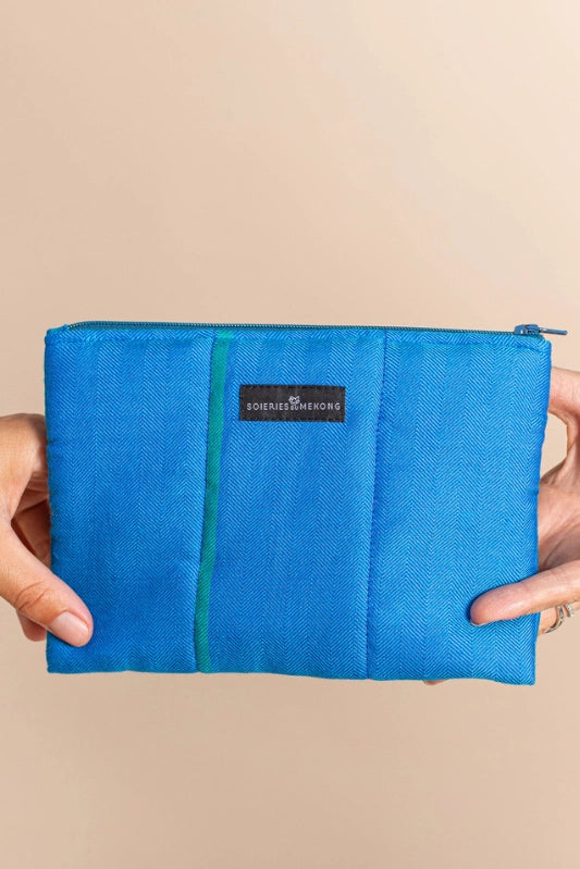 Pochette doudoune en soie laine vert bleu